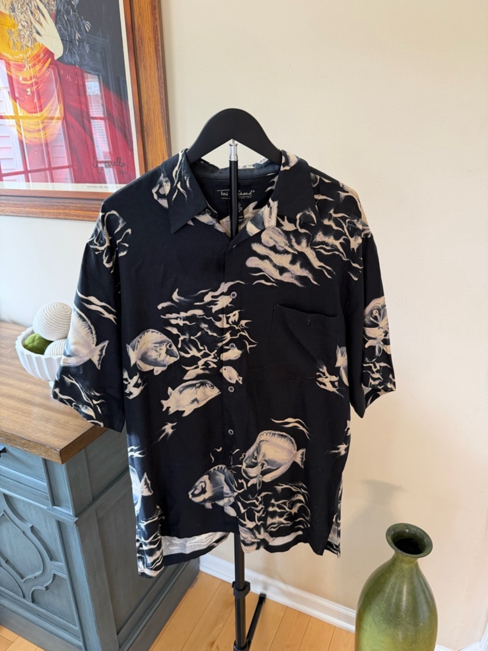 Tori Richard Honolulu Silk Fish Print Shirt Black Hawaiian Large